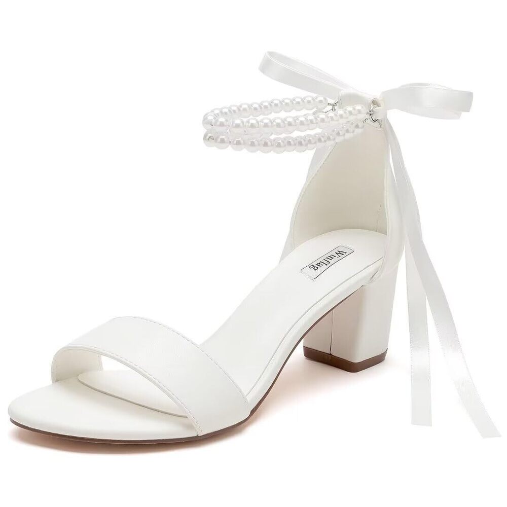WINFLAG PEARL WEDDING SHOES OPEN TOE BLOCK HEEL WEDDING SANDALS CHUNKY HEEL BRID